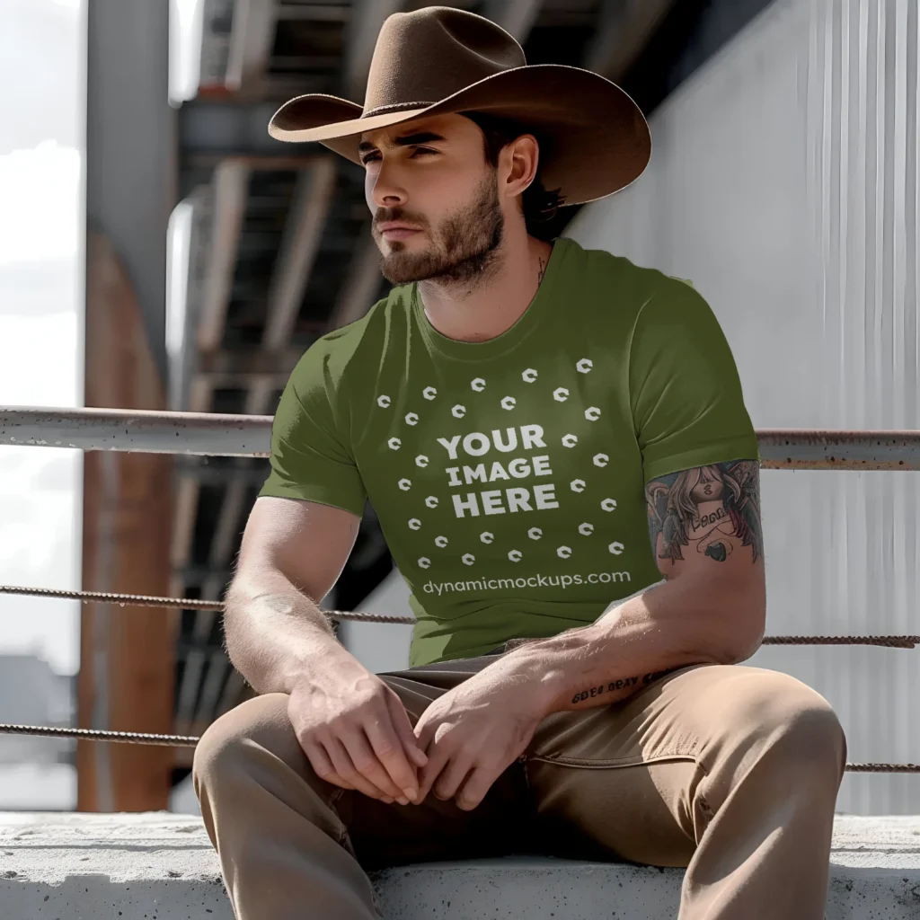 Man Wearing Olive Green T-shirt Mockup Front View Template