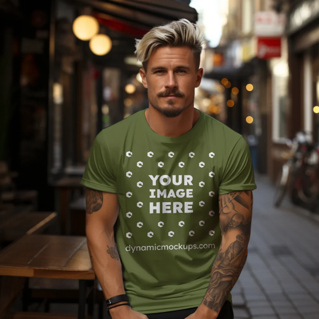 Man Wearing Olive Green T-shirt Mockup Front View Template