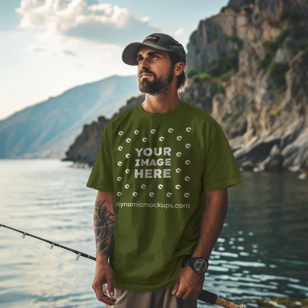 Man Wearing Olive Green T-shirt Mockup Front View Template