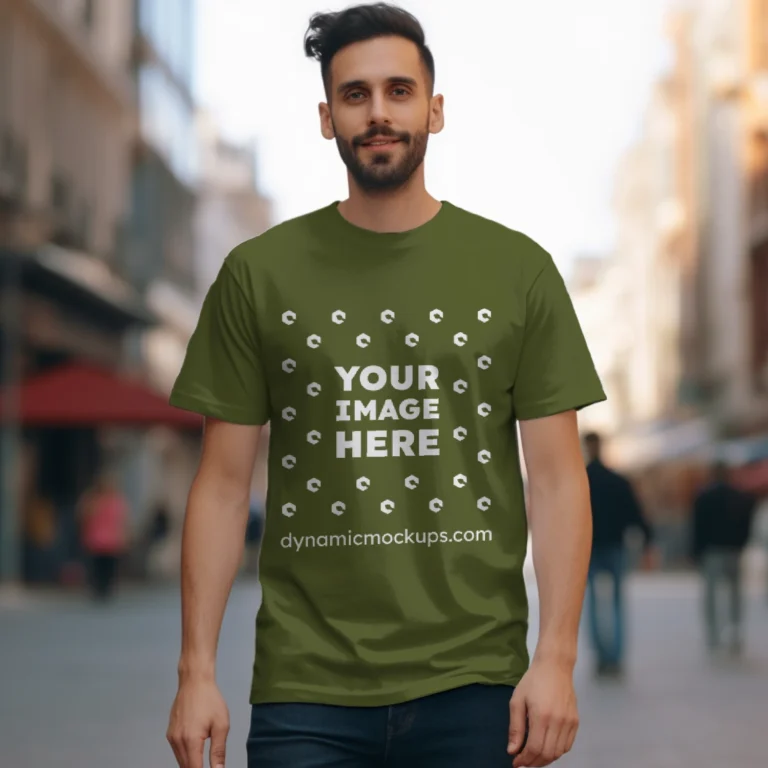 Man Wearing Olive Green T-shirt Mockup Front View Template