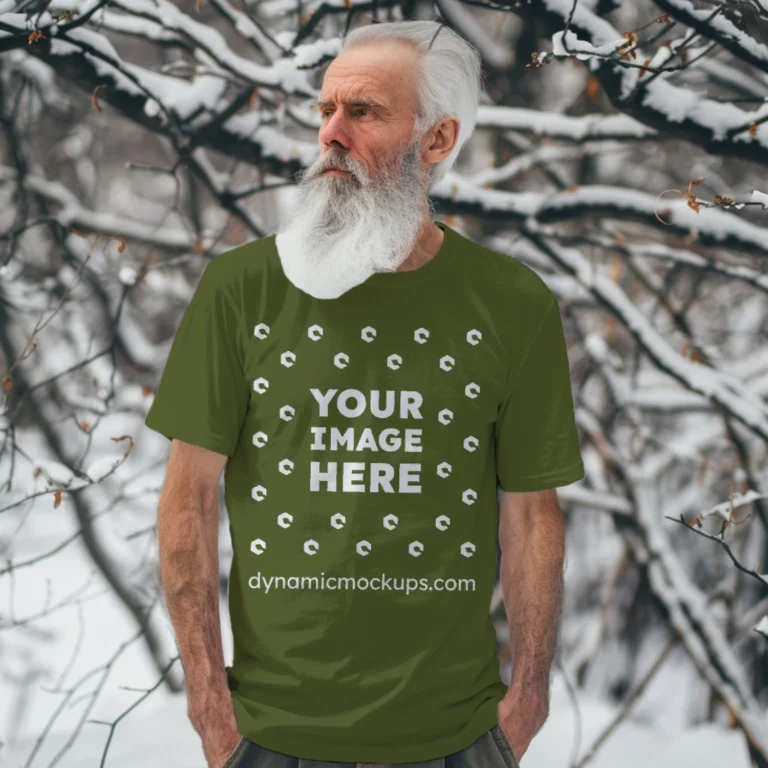 Man Wearing Olive Green T-shirt Mockup Front View Template