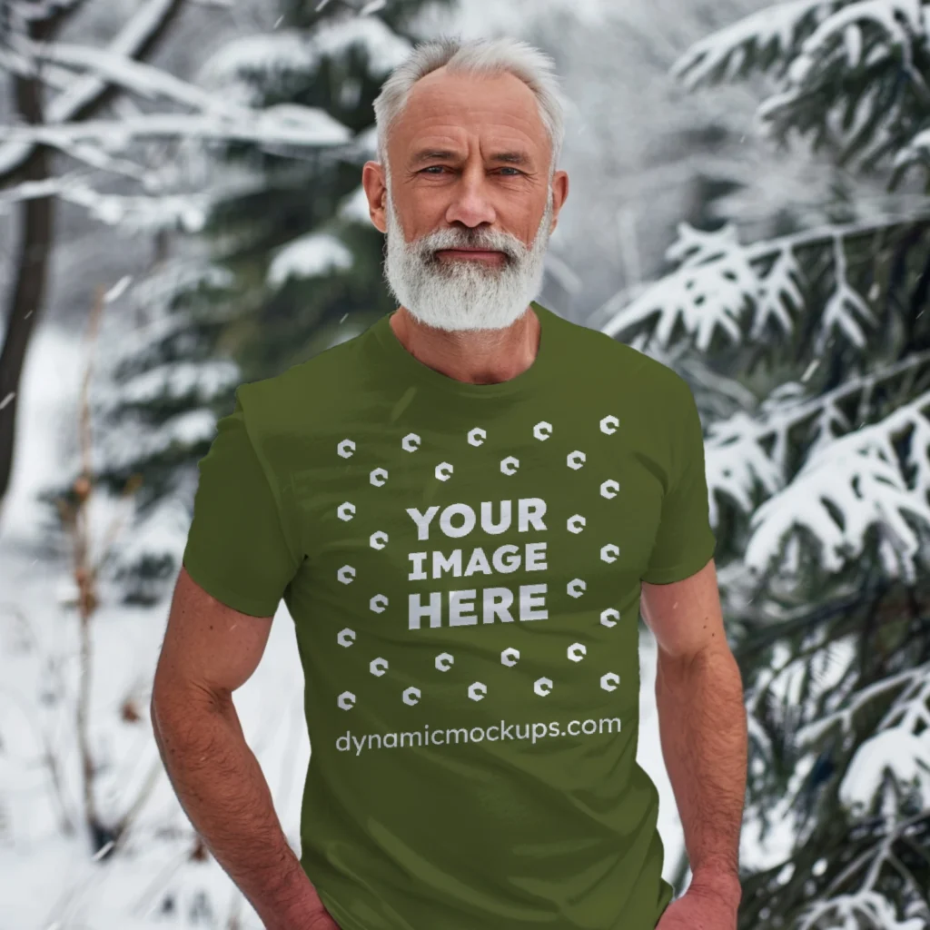 Man Wearing Olive Green T-shirt Mockup Front View Template