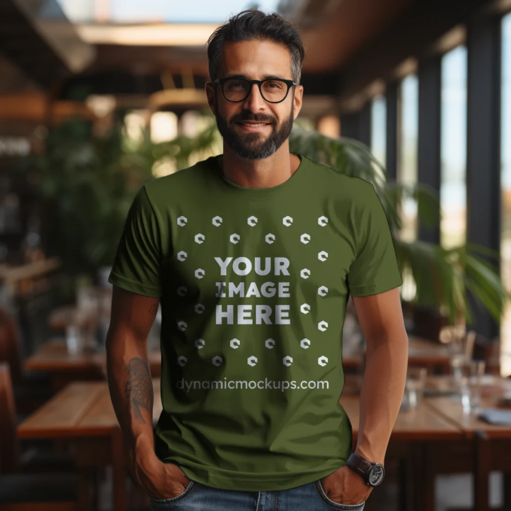 Man Wearing Olive Green T-shirt Mockup Front View Template