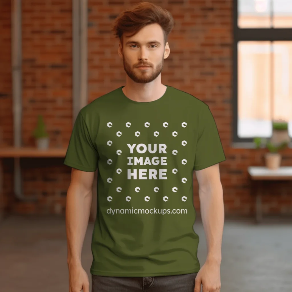 Man Wearing Olive Green T-shirt Mockup Front View Template