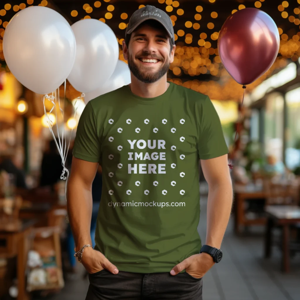 Man Wearing Olive Green T-shirt Mockup Front View Template