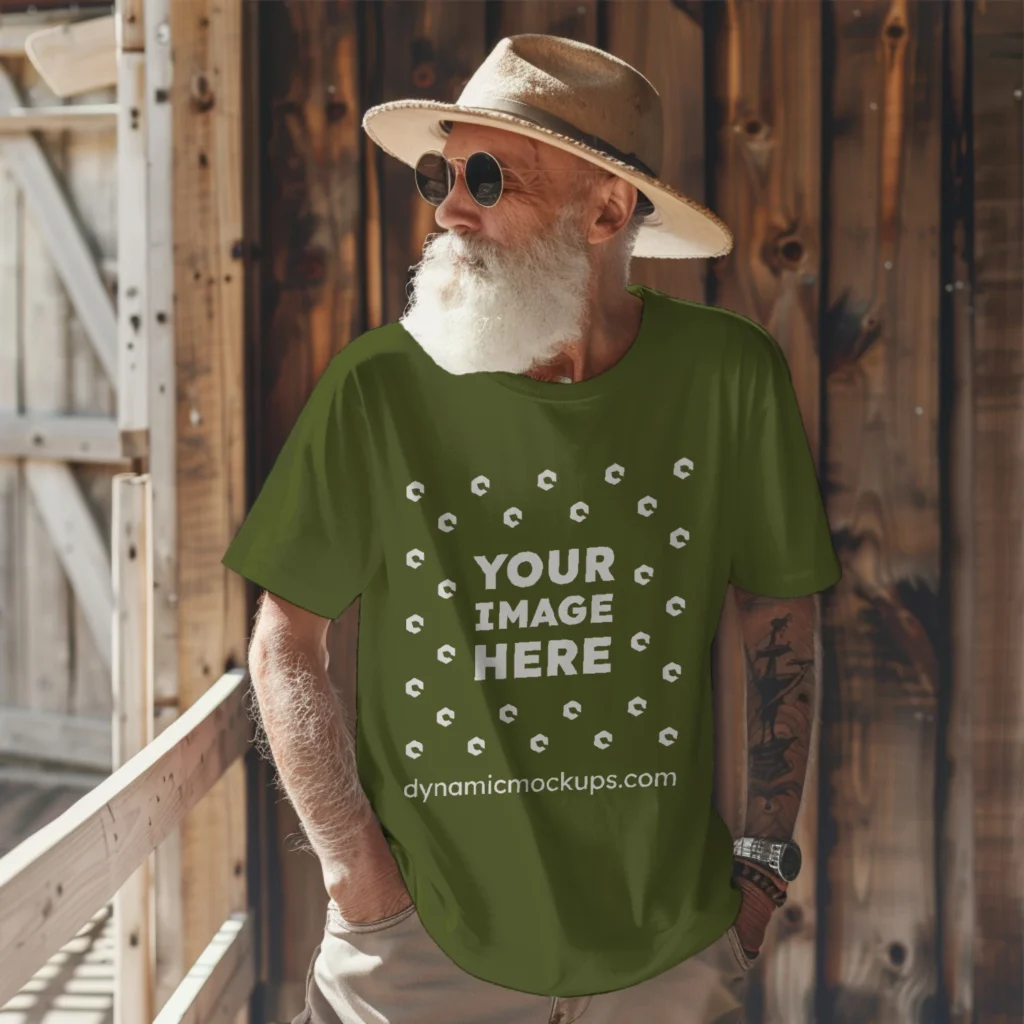 Man Wearing Olive Green T-shirt Mockup Front View Template