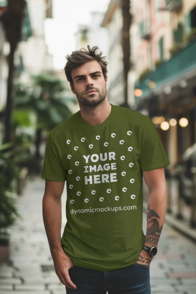 Man Wearing Olive Green T-shirt Mockup Front View Template