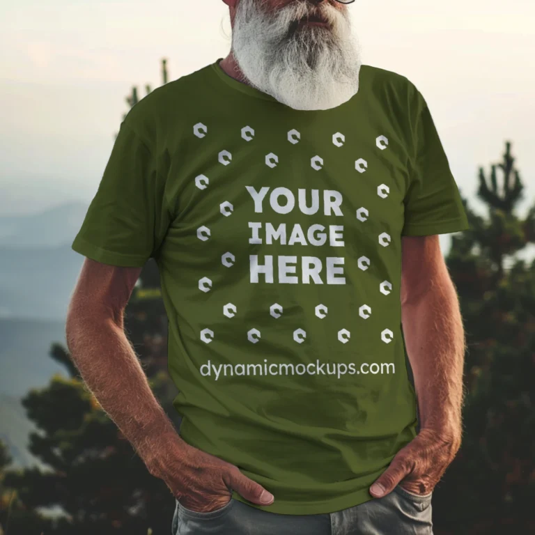 Man Wearing Olive Green T-shirt Mockup Front View Template