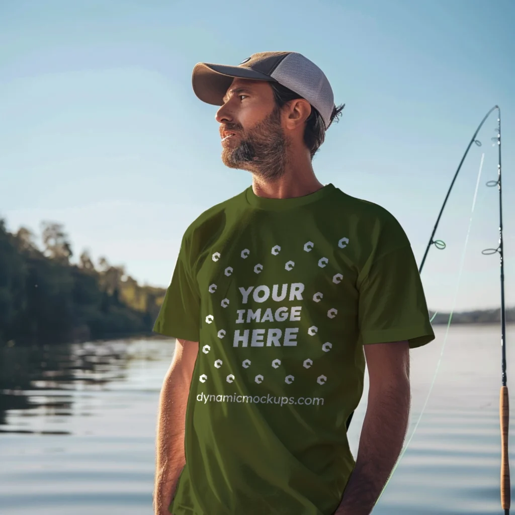 Man Wearing Olive Green T-shirt Mockup Front View Template