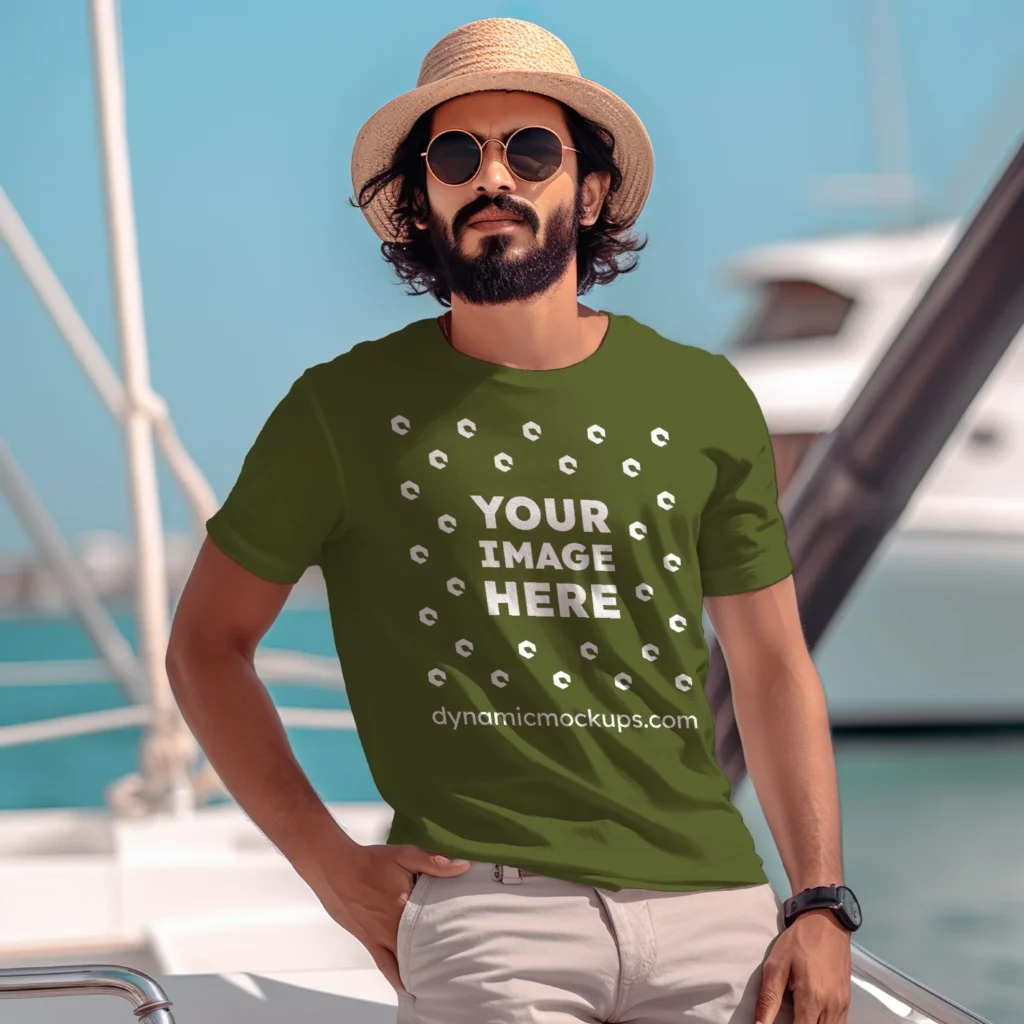 Man Wearing Olive Green T-shirt Mockup Front View Template