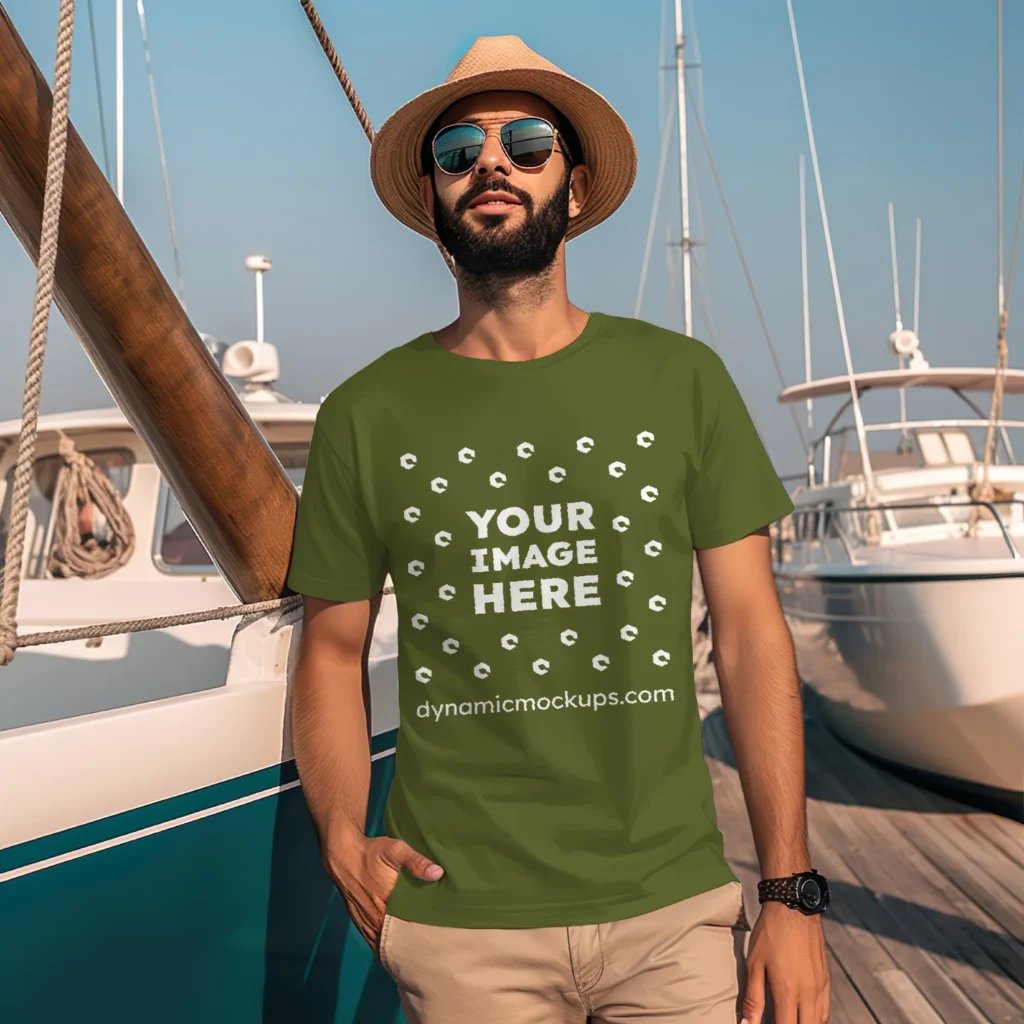 Man Wearing Olive Green T-shirt Mockup Front View Template