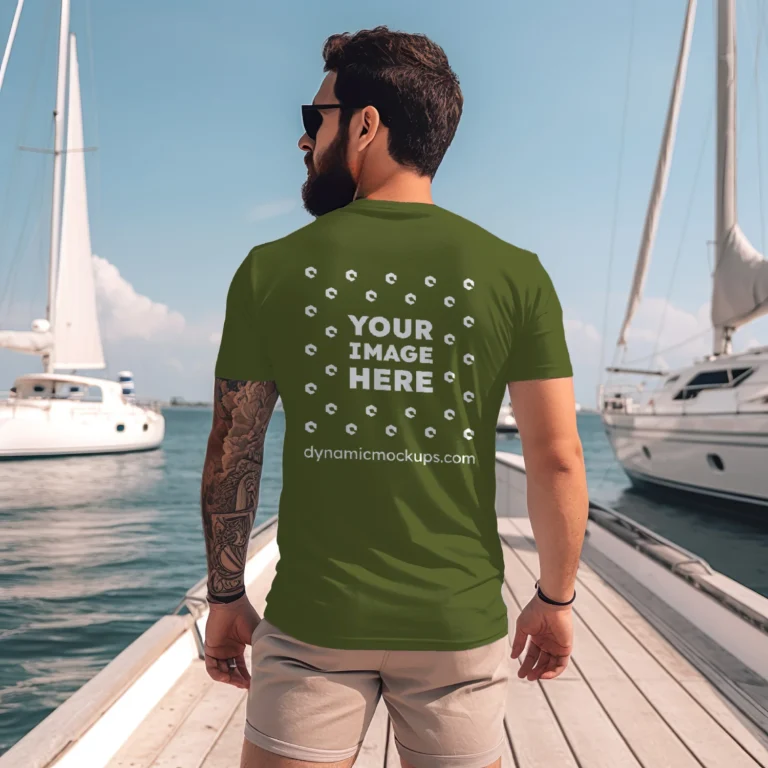 Man Wearing Olive Green T-shirt Mockup Front View Template