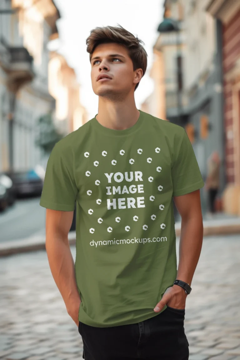 Man Wearing Olive Green T-shirt Mockup Front View Template