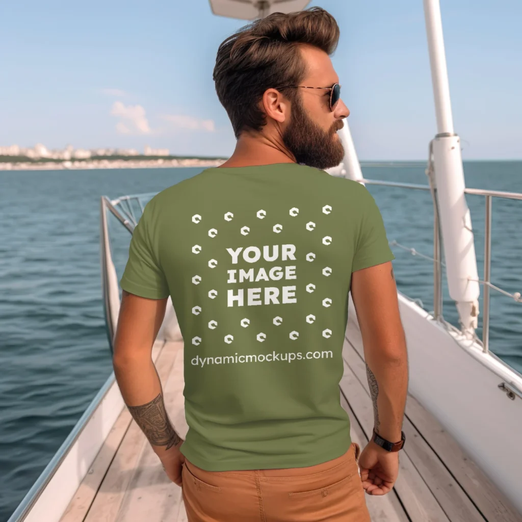 Man Wearing Olive Green T-shirt Mockup Back View Template