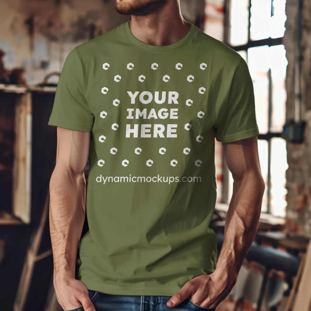 Man Wearing Olive Green T-shirt Mockup Front View Template