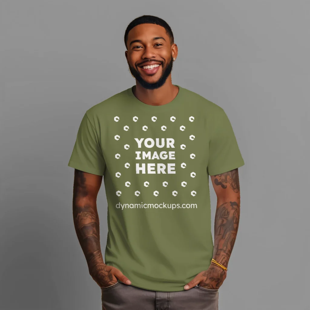 Man Wearing Olive Green T-shirt Mockup Front View Template