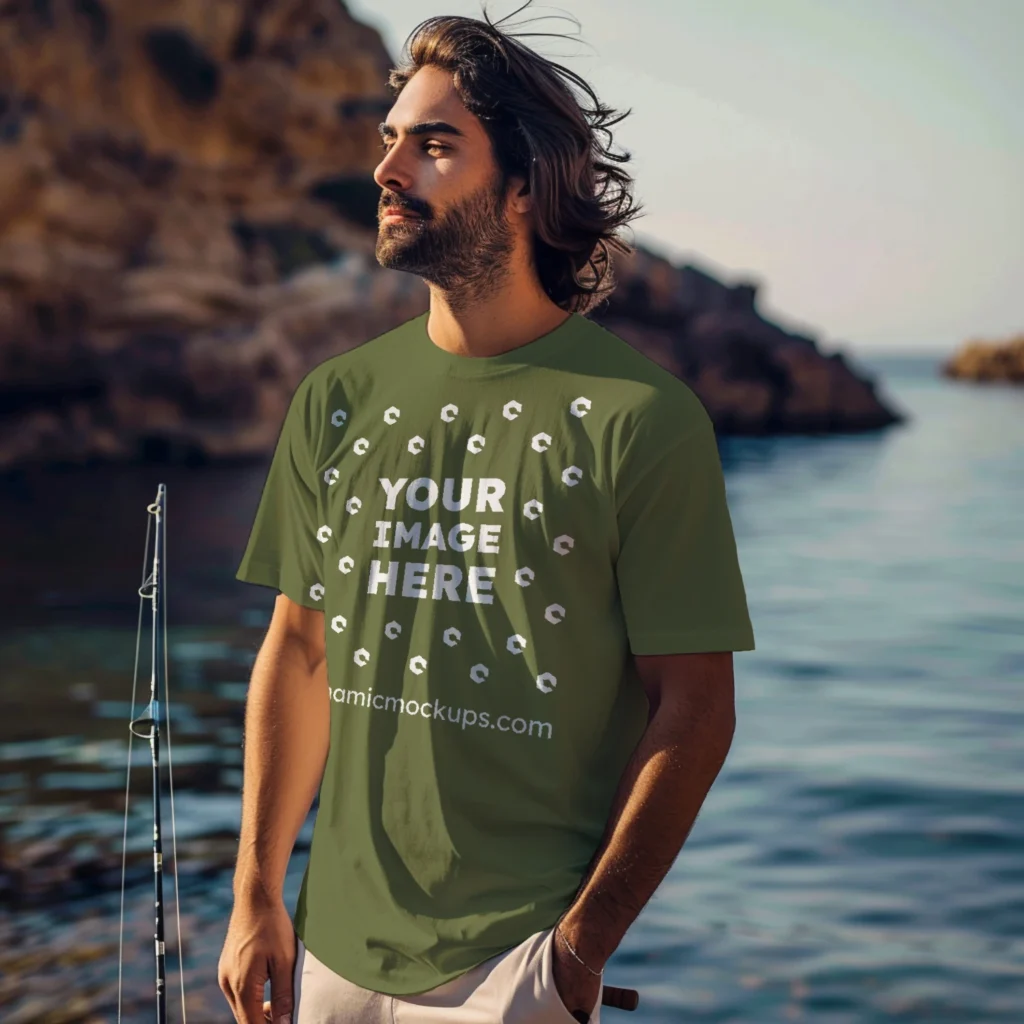 Man Wearing Olive Green T-shirt Mockup Front View Template