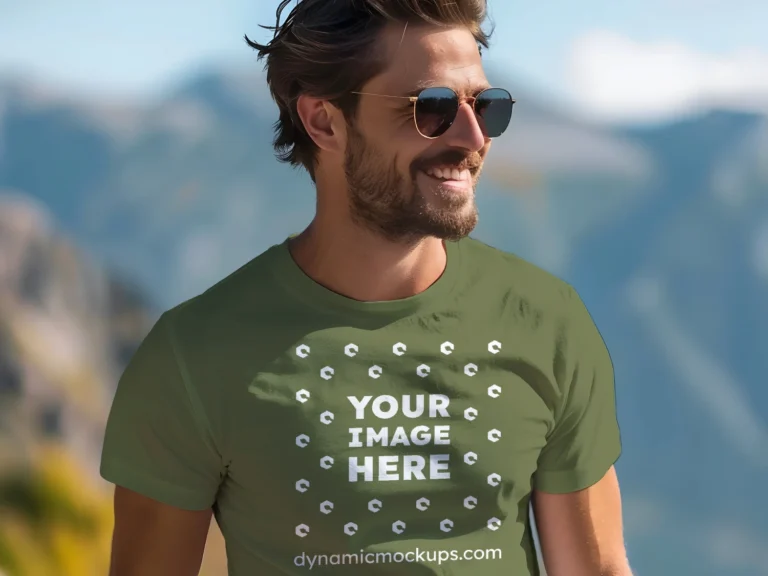 Man Wearing Olive Green T-shirt Mockup Front View Template