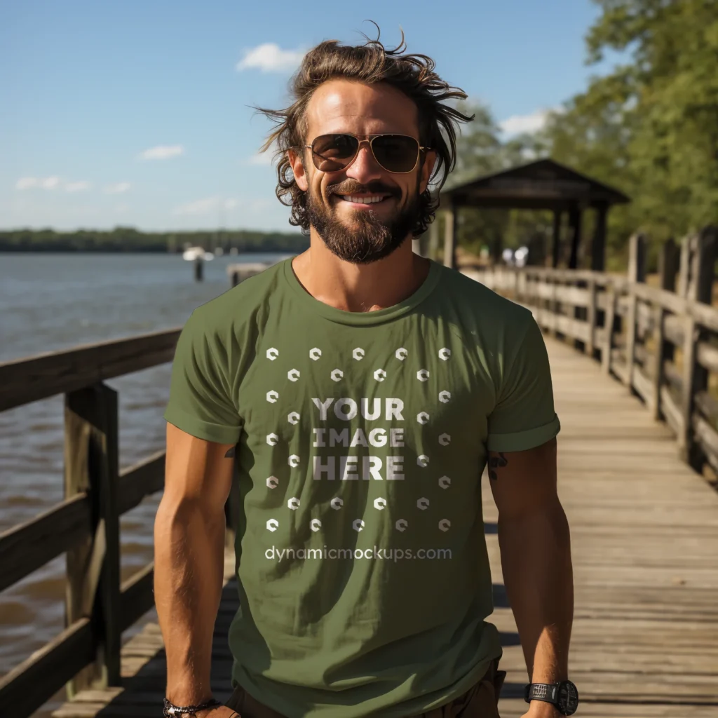 Man Wearing Olive Green T-shirt Mockup Front View Template