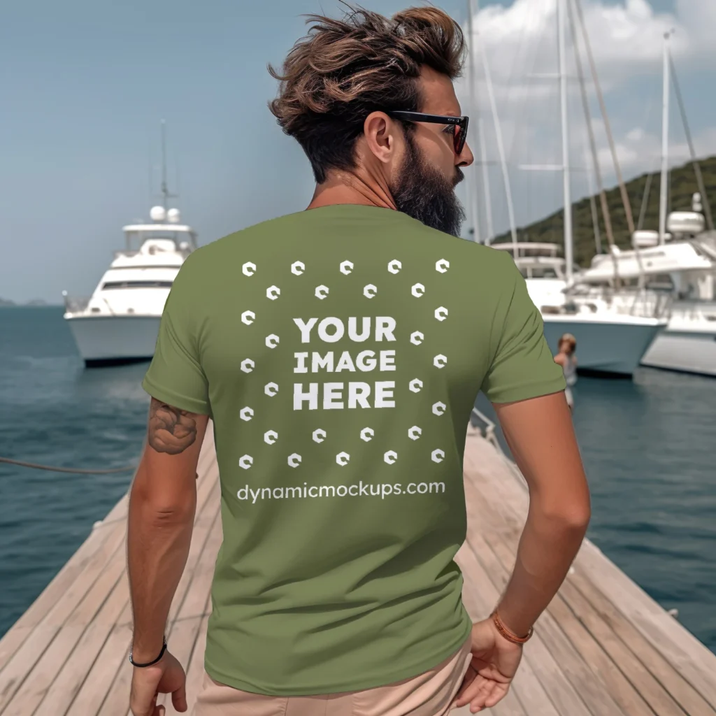 Man Wearing Olive Green T-shirt Mockup Back View Template