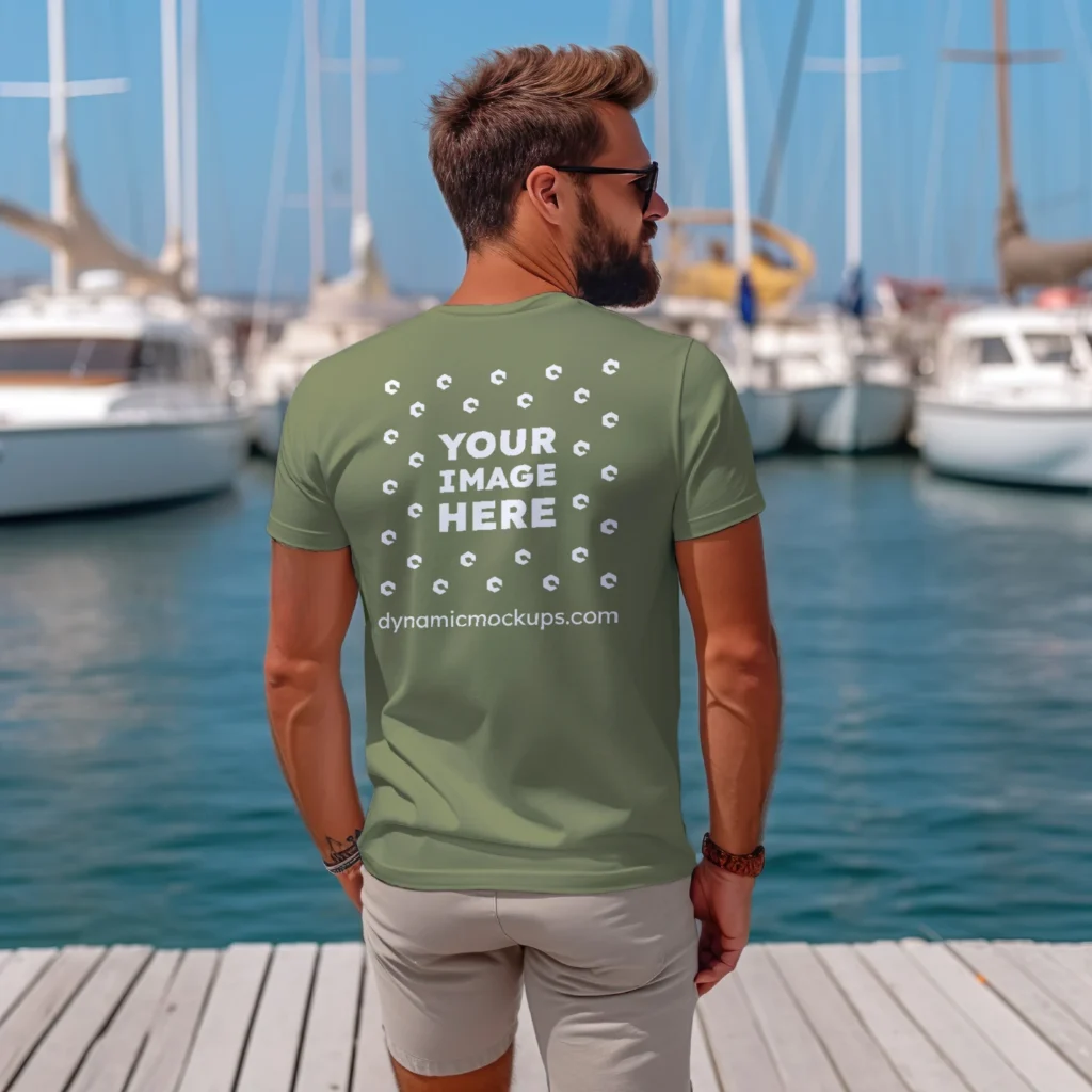 Man Wearing Olive Green T-shirt Mockup Back View Template