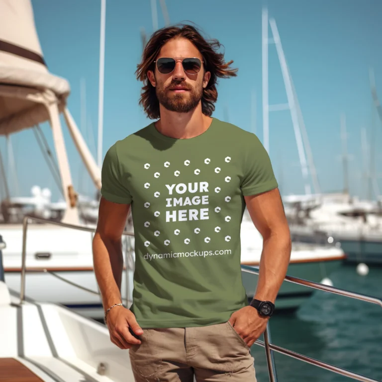 Man Wearing Olive Green T-shirt Mockup Front View Template