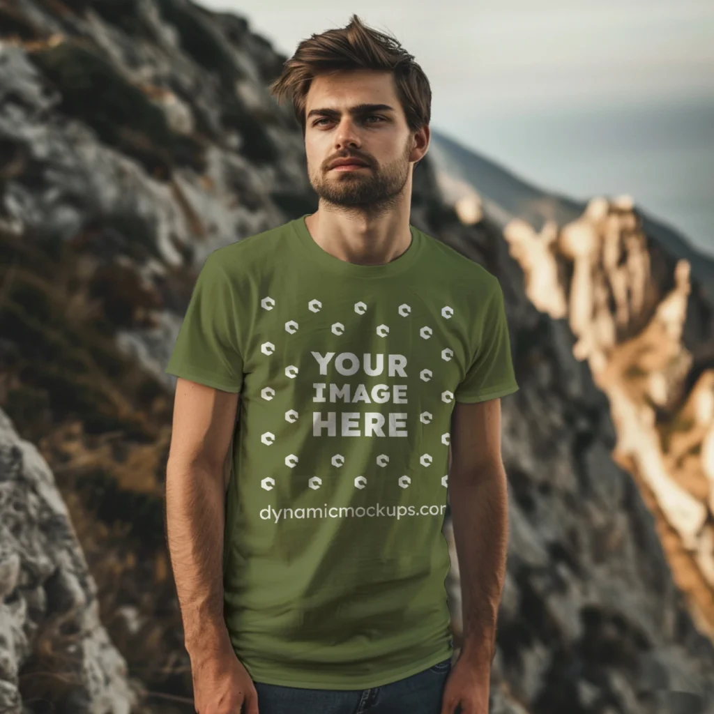 Man Wearing Olive Green T-shirt Mockup Front View Template