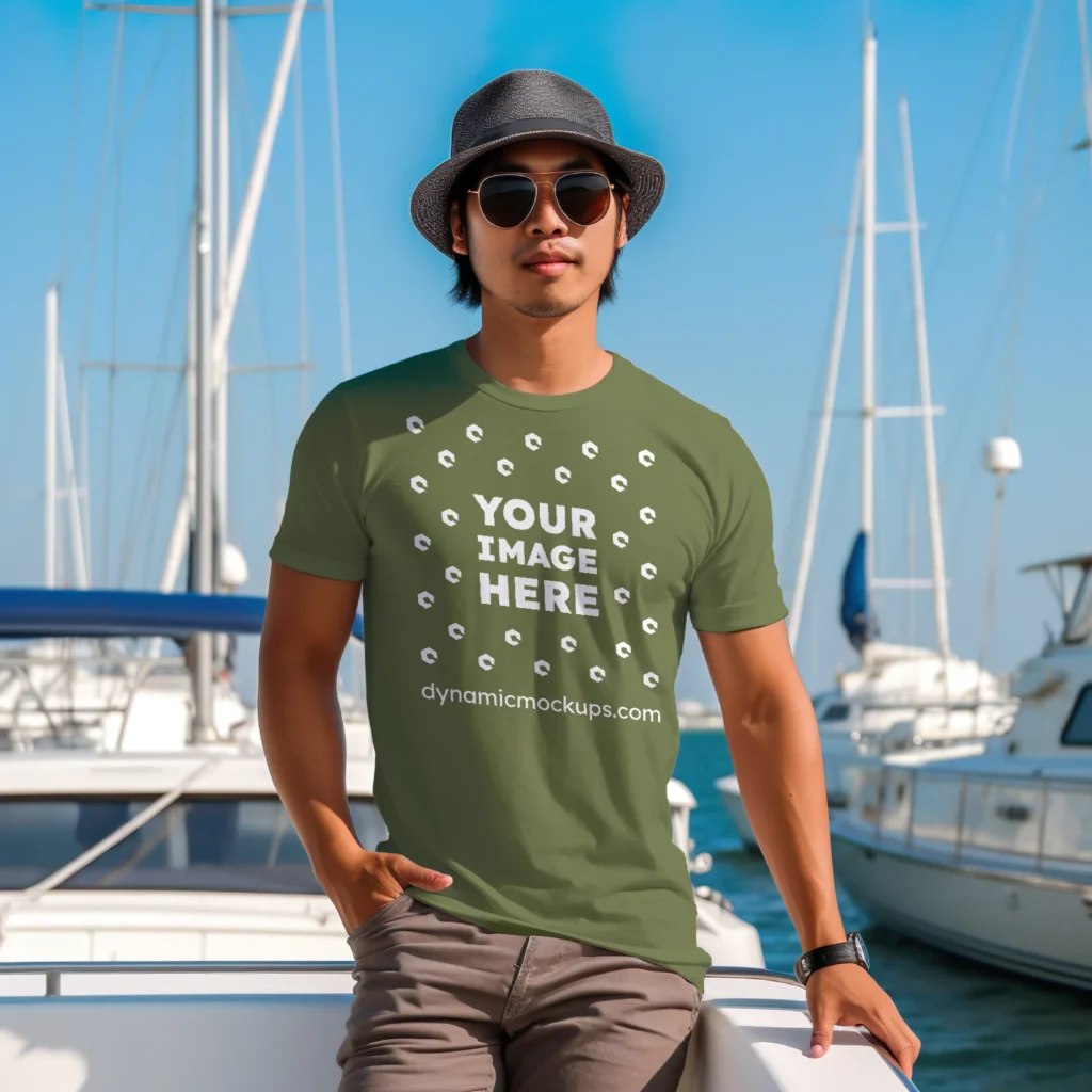 Man Wearing Olive Green T-shirt Mockup Front View Template