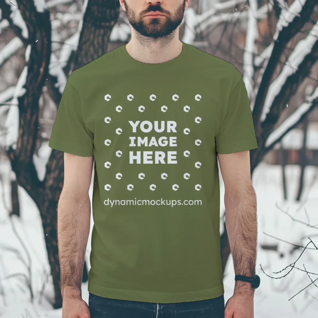 Man Wearing Olive Green T-shirt Mockup Front View Template