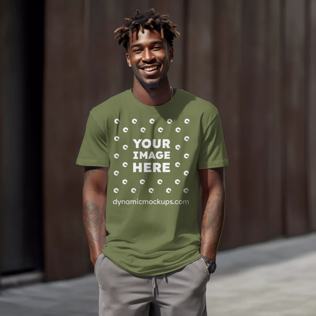 Man Wearing Olive Green T-shirt Mockup Front View Template