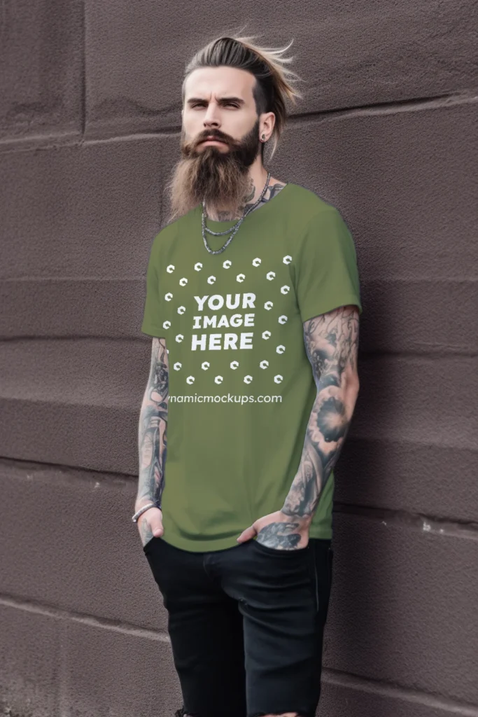 Man Wearing Olive Green T-shirt Mockup Front View Template