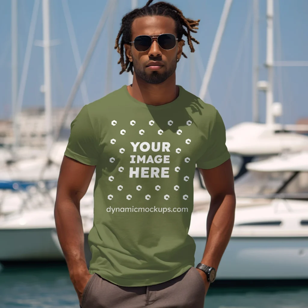 Man Wearing Olive Green T-shirt Mockup Front View Template