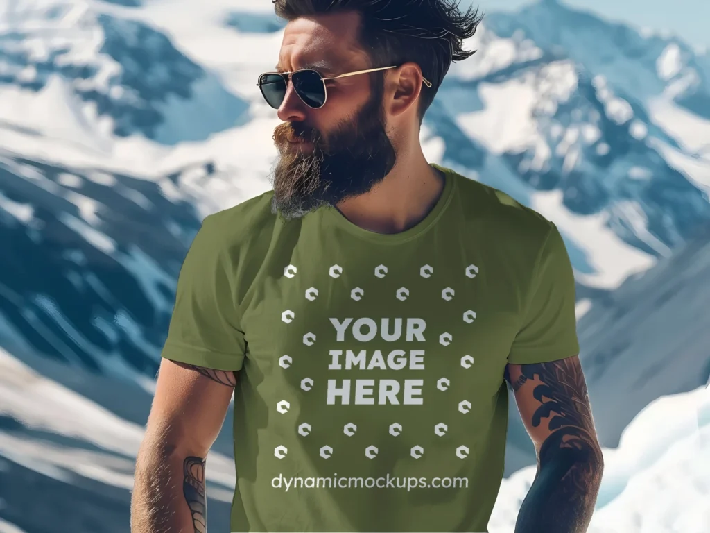 Man Wearing Olive Green T-shirt Mockup Front View Template