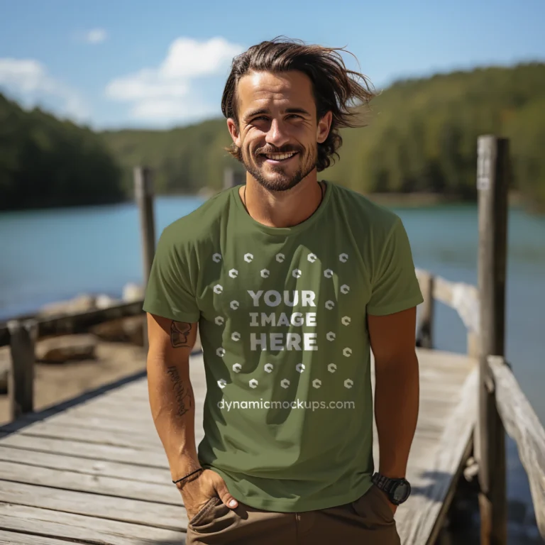 Man Wearing Olive Green T-shirt Mockup Front View Template