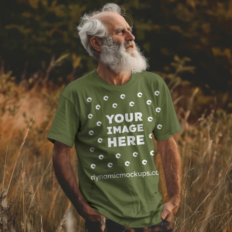 Man Wearing Olive Green T-shirt Mockup Front View Template