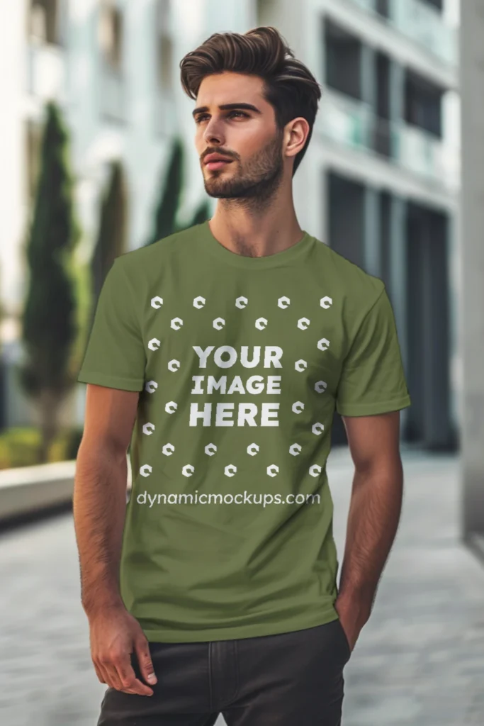 Man Wearing Olive Green T-shirt Mockup Front View Template