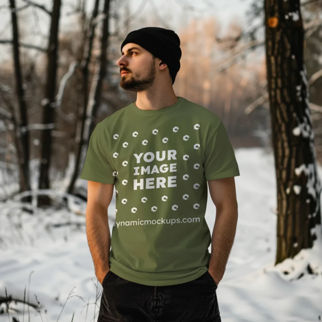 Man Wearing Olive Green T-shirt Mockup Front View Template