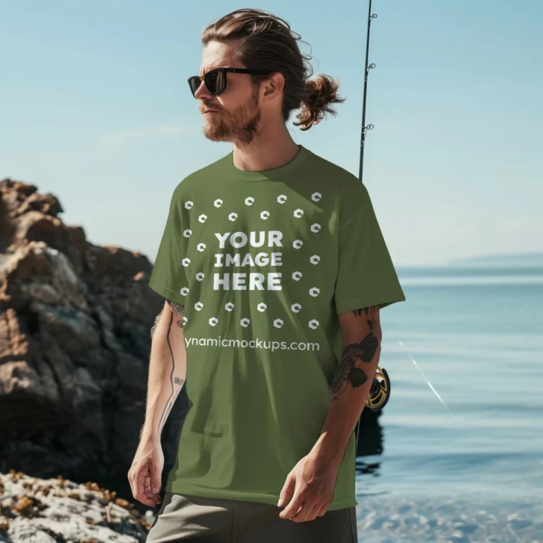 Man Wearing Olive Green T-shirt Mockup Front View Template