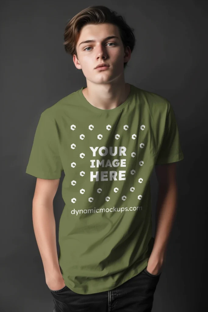 Man Wearing Olive Green T-shirt Mockup Front View Template