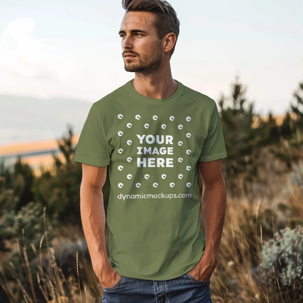 Man Wearing Olive Green T-shirt Mockup Front View Template