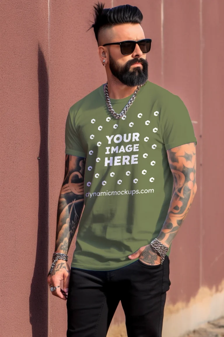 Man Wearing Olive Green T-shirt Mockup Front View Template