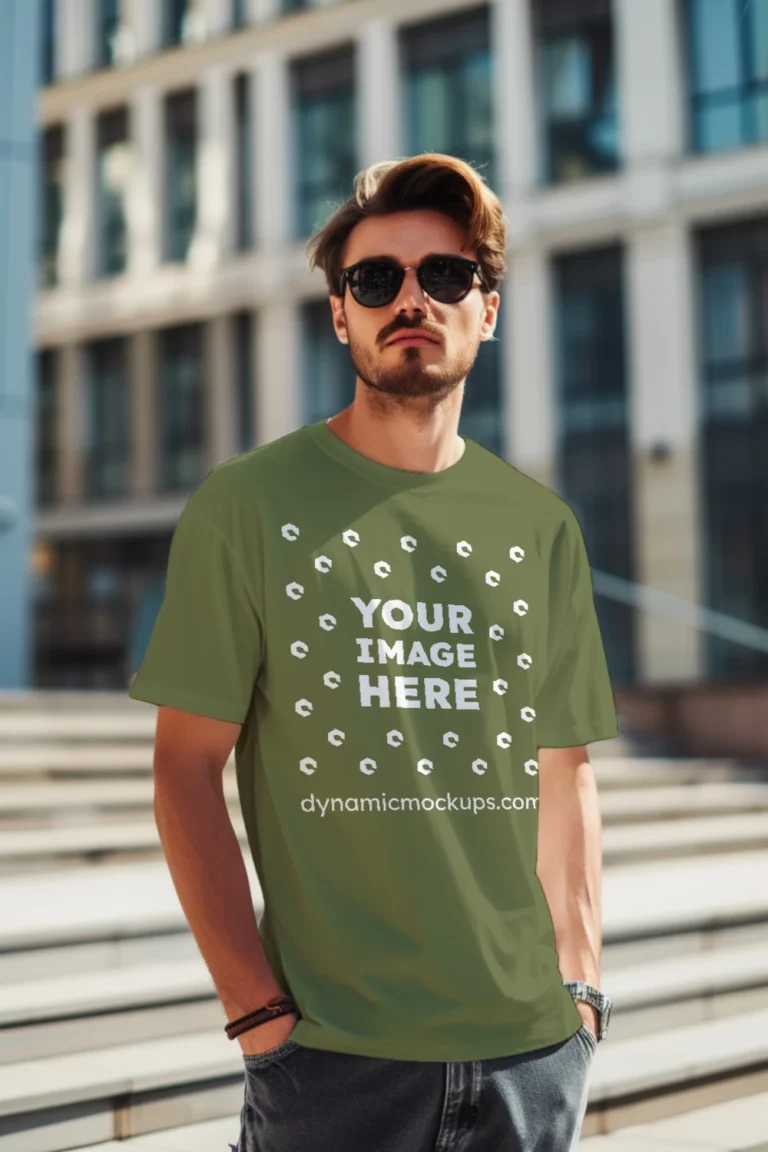 Man Wearing Olive Green T-shirt Mockup Front View Template