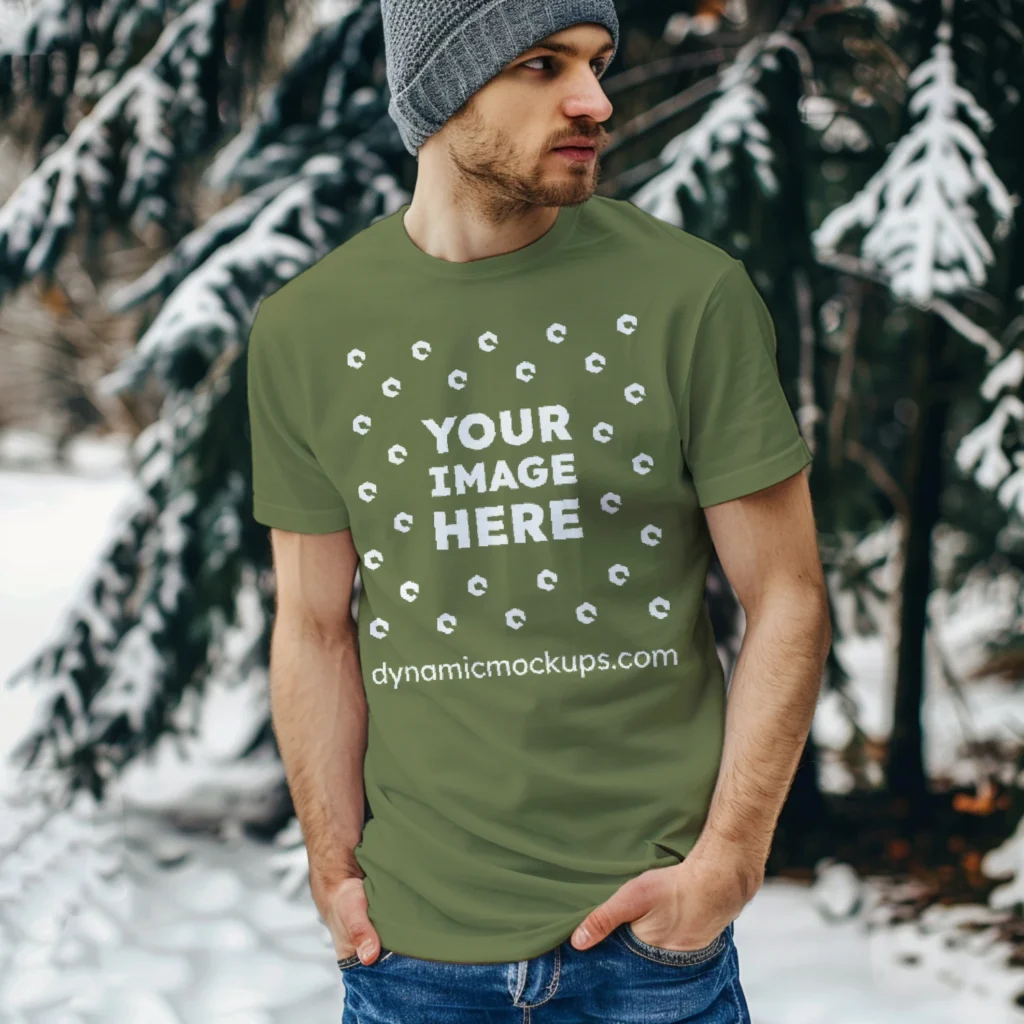 Man Wearing Olive Green T-shirt Mockup Front View Template