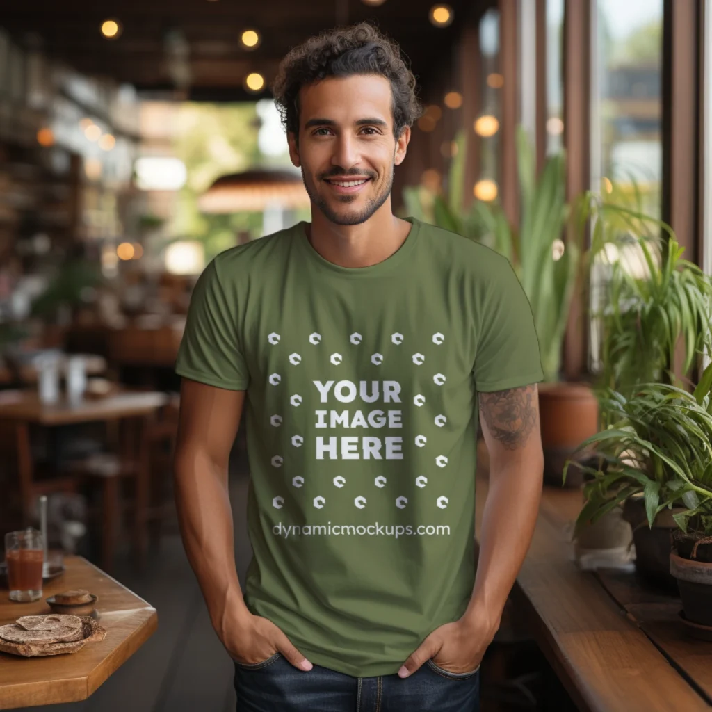 Man Wearing Olive Green T-shirt Mockup Front View Template