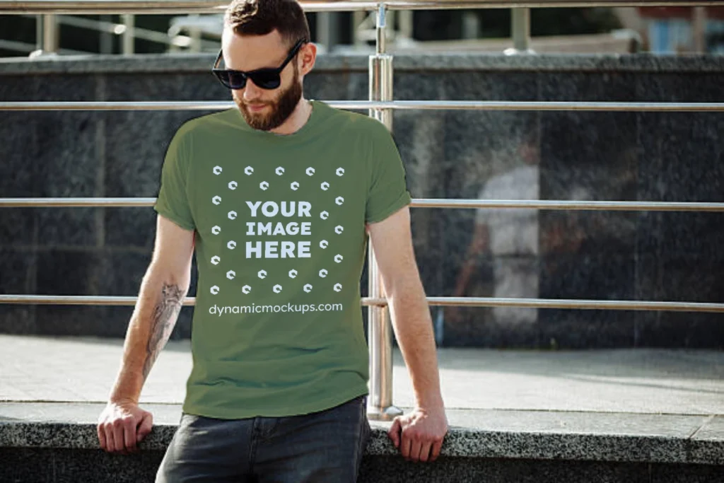 Man Wearing Olive Green T-shirt Mockup Front View Template