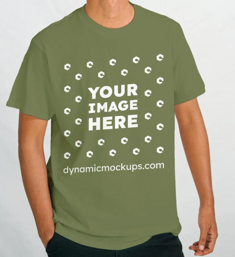 Man Wearing Olive Green T-shirt Mockup Front View Template