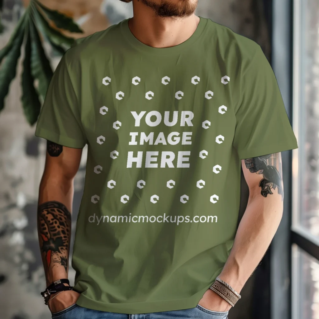 Man Wearing Olive Green T-shirt Mockup Front View Template