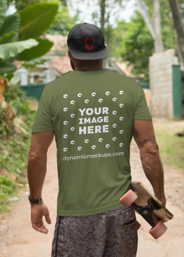 Man Wearing Olive Green T-shirt Mockup Back View Template