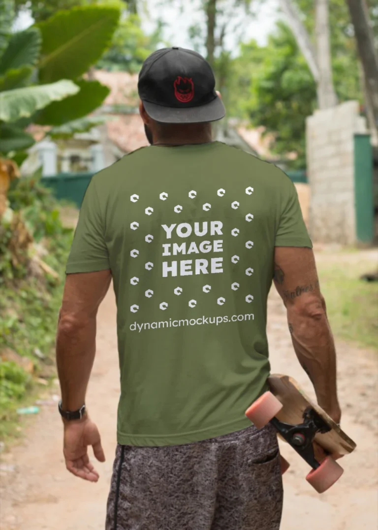 Man Wearing Olive Green T-shirt Mockup Back View Template