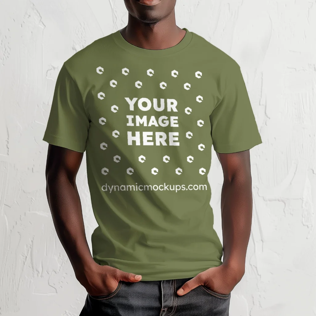 Man Wearing Olive Green T-shirt Mockup Front View Template